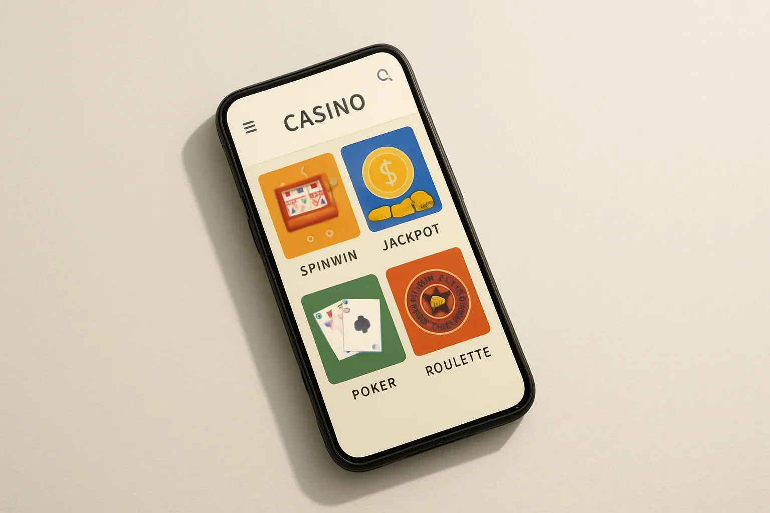 Smartphone displaying light casino app interface on cream background
