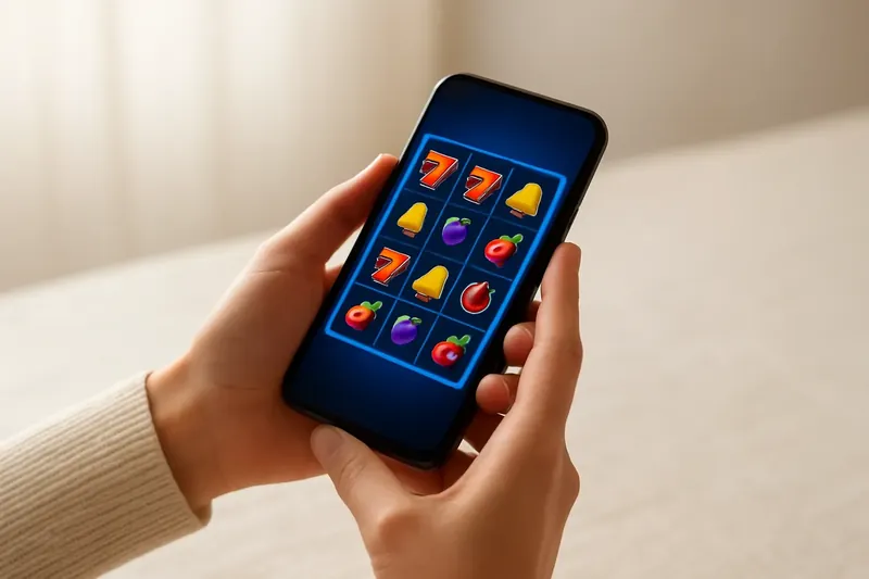 Woman's hands holding smartphone with bright casino game grid on linen