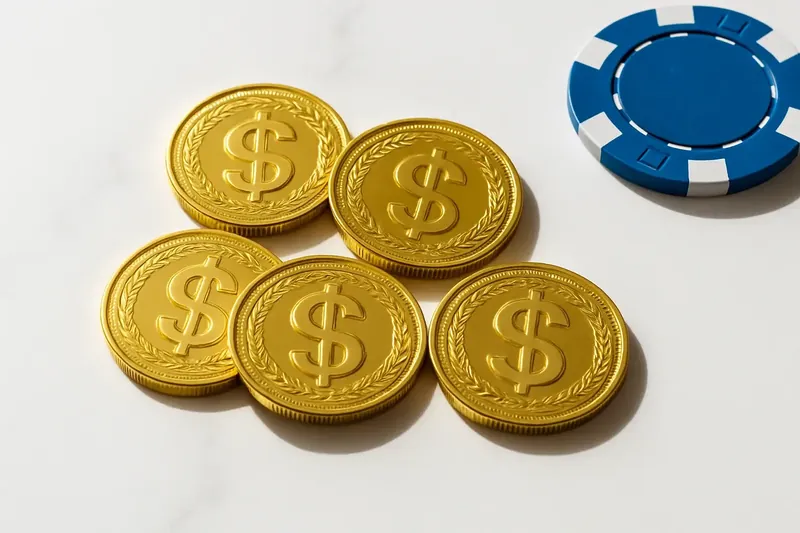 Five gold coins on cream marble with poker chip edge
