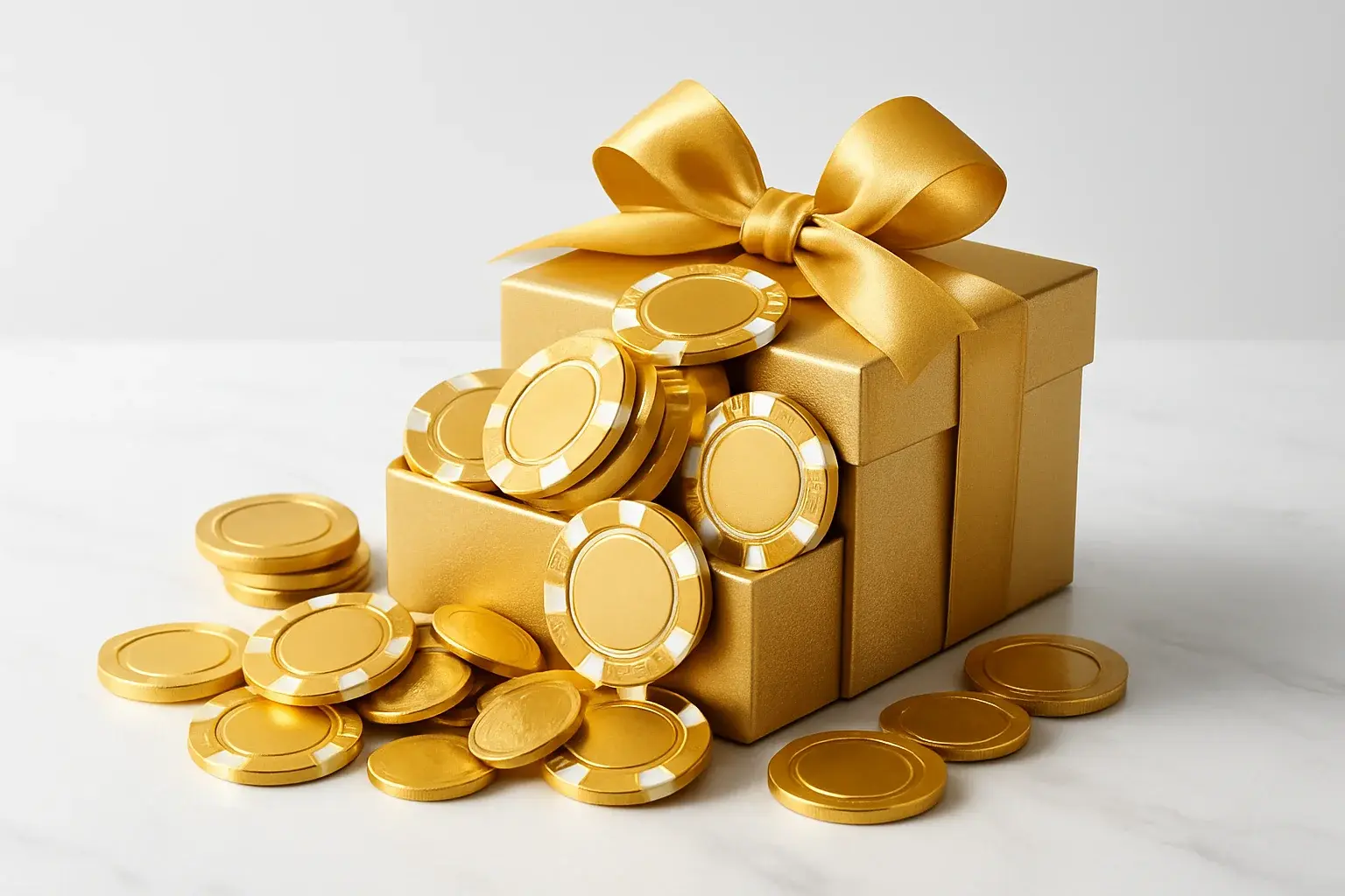 Golden Bonus Gift Box Golden gift box with poker chips and coins on marble surface