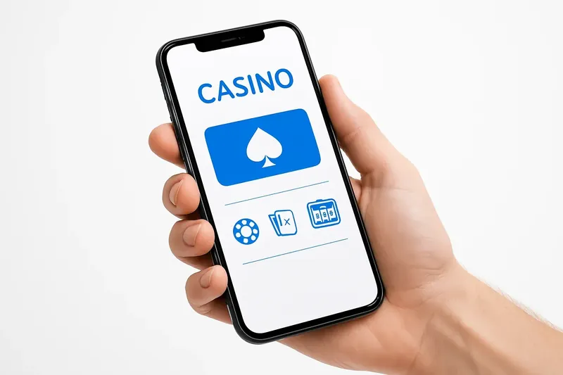 Hand holding smartphone with clean light-themed casino app interface