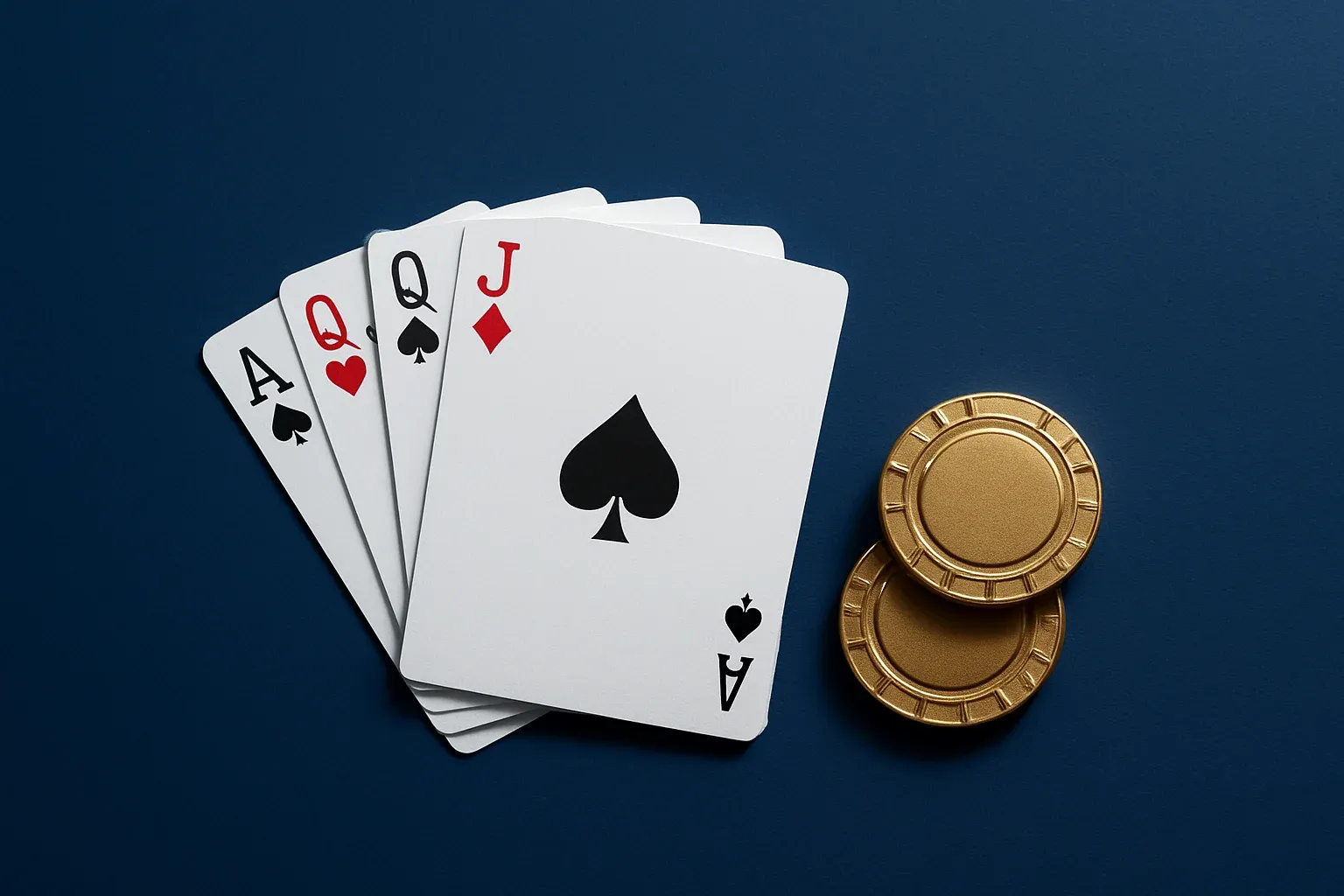 Playing cards and gold casino chips on cream linen flat lay
