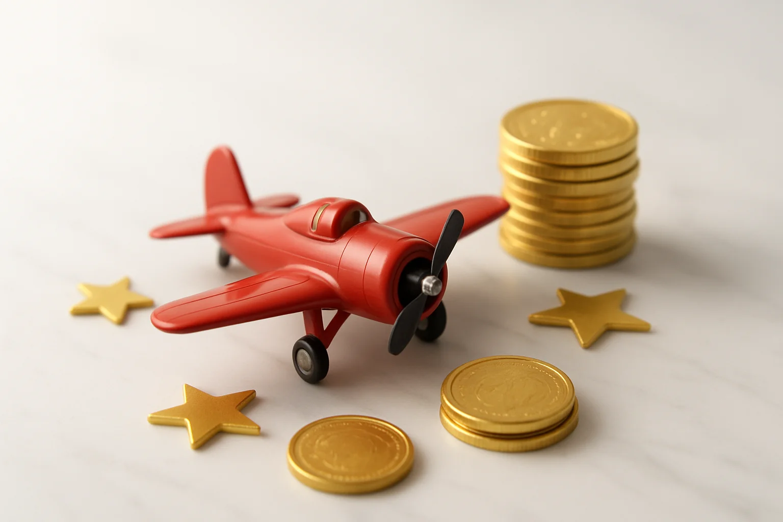 Miniature red airplane with gold coins and star tokens on marble