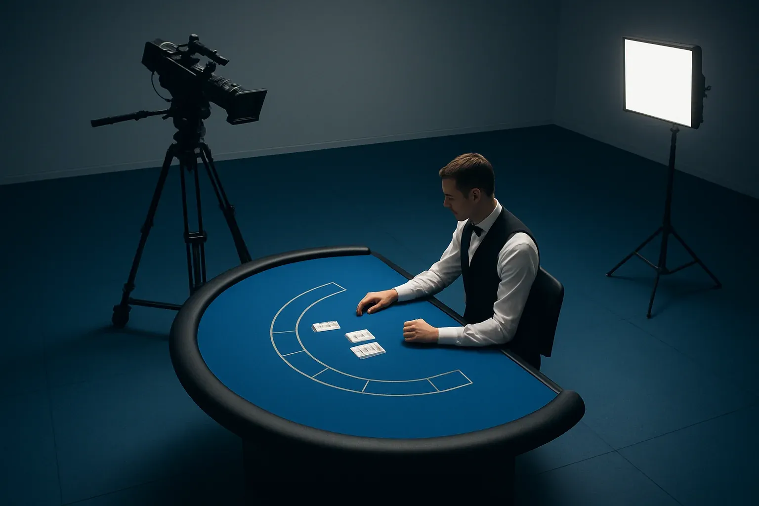 Live Casino Studio Professional dealer at blackjack table with camera rig in bright studio