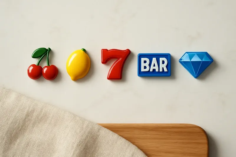 Five polished slot symbols in a neat row on white marble